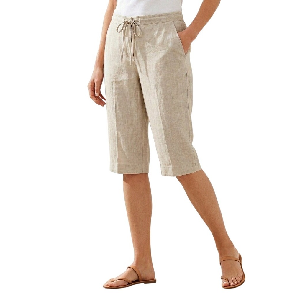 Talbots Women Size 14P Beige Irish Linen Drawstring Coastal Casual Cropped Pants